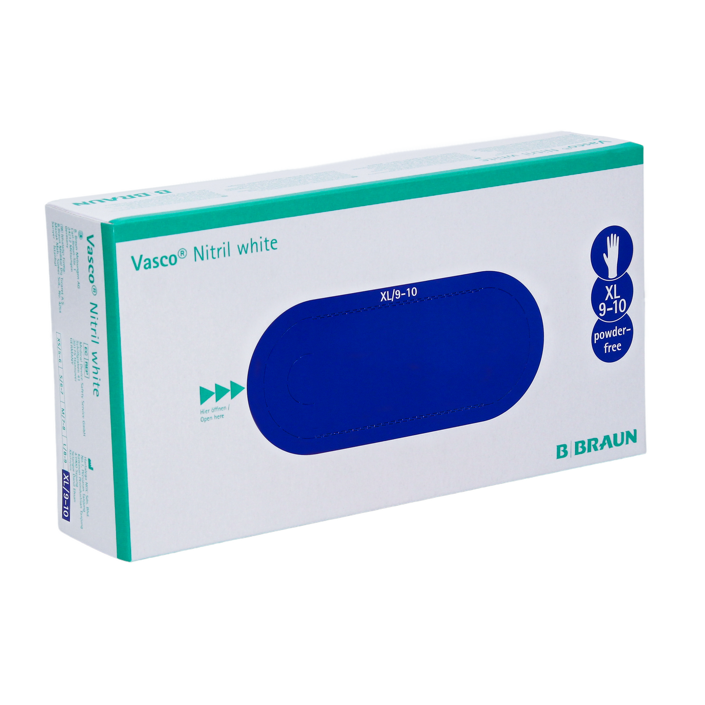 Eine Schachtel weißer B. Braun Vasco® Nitril Einmalhandschuhe wird ausgestellt, gekennzeichnet als Größe XL 9-10 und puderfrei. Die Verpackung zeigt ein elegantes Design mit blauem und grünem Text auf weißem Hintergrund. Das B. Braun-Logo ist prominent in der unteren rechten Ecke platziert und hebt die latexfreie Zusammensetzung hervor.
