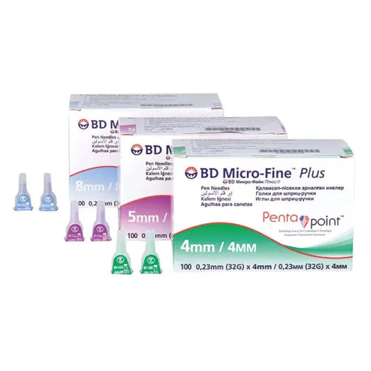 Διατίθενται τρία κουτιά με βελόνες BD Micro-Fine Plus για στυλό ινσουλίνης με τεχνολογία Pentapoint, στα μεγέθη 4 mm, 5 mm και 8 mm. Κάθε κουτί περιέχει 100 βελόνες με τεχνολογία Pentapoint για υψηλή άνεση. Η συσκευασία με χρωματικό κώδικα ταιριάζει απόλυτα με διάφορα στυλό ινσουλίνης. Μάρκα: BD, Becton Dickinson GmbH.