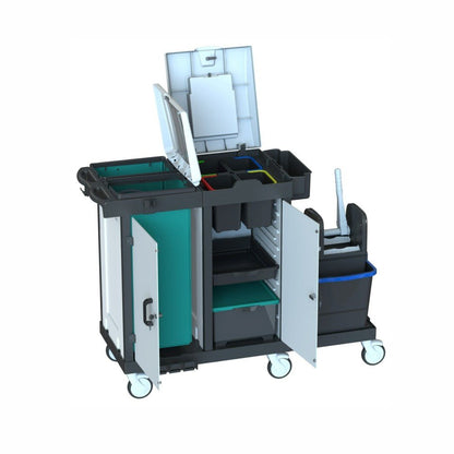 Το Arcora Bora Medical 750 X-Line Mit Boxensystem της Arcora International GmbH είναι ένα ιατρικό καρότσι καθαρισμού (1415 x 600 x 1115 mm) με τέσσερις τροχούς, ανοιχτά διαμερίσματα, ορατά ράφια και ράφια για οργανωμένη αποθήκευση αναλωσίμων.