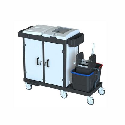 Το καρότσι καθαρισμού Arcora Bora Medical 750 X-Line της Arcora International GmbH διαθέτει σύστημα κουτιών, δύο κλειστά διαμερίσματα, δύο ράφια με καπάκι και έναν κουβά σφουγγαρίσματος με μηχανισμό στυψίματος και πλευρικές λαβές αποθήκευσης. Διαστάσεις: 1415 x 600 x 1115 mm.