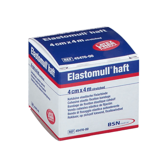 Ένα κουτί BSN Elastomull® haft, ένας ελαστικός επίδεσμος στερέωσης με πολυμερές χωρίς λατέξ. Η συσκευασία είναι λευκή με μπλε και κόκκινη επιγραφή, το μέγεθος αναγράφεται ως 4 cm x 4 m (τεντωμένο), ετικέτα της BSN Medical GmbH.