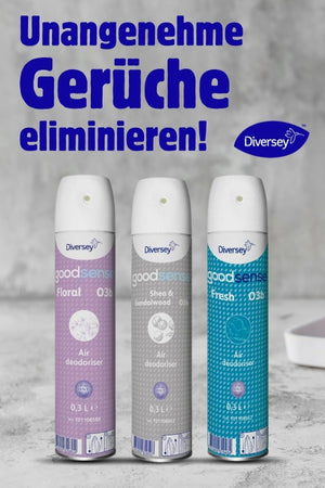 Ein Bild von drei Dosen Luftdesinfektionsspray der Marke Diversey. Die Dosen sind in verschiedenen Farben und Duftrichtungen erhältlich: Floral, Shea & Wildwood und Fresh. Der Text oben auf dem Bild lautet 'Unangenehme Gerüche eliminieren!' in blauer Schrift.