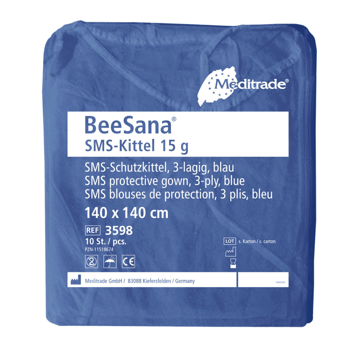 Μια συσκευασία με 100 Meditrade BeeSana® SMS-Kittel 15g (εξαντλημένο προϊόν) από την Meditrade GmbH, για μία χρήση. Πληροφορίες για το άρθρο στα Γερμανικά, Αγγλικά & Γαλλικά.