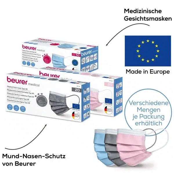 Bild zeigt drei Schachteln Beurer OP-Masken in grau MM 15 – 20 Stück | Packung (20 Stück). Zwei Schachteln enthalten jeweils 50 Masken und eine Schachtel enthält 20 Masken. Die 3-lagige Mund-Nasen-Maske ist in Hellblau, Grau, Rosa und Weiß erhältlich. Der Text in Deutsch weist darauf hin, dass die Medizinprodukt-EN14683-Masken in Europa von der Beurer GmbH hergestellt werden.