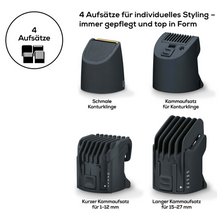 Der Beurer HR 4000 Bartstyler von Beurer GmbH verfügt über vier austauschbare Haarschneideaufsätze, ideal für jeden Bartschneider. Dazu gehören eine schmale Konturklinge, ein kurzer Kammaufsatz für 1-12 mm, ein langer Kammaufsatz für 15-27 mm und ein Kammaufsatz zum Konturieren. Auf der Verpackung (1 Stück) ist auch ein deutscher Text vorhanden.