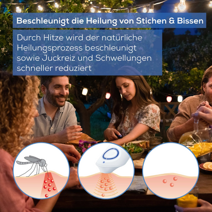 Μια ομάδα ανθρώπων συγκεντρώνεται τη νύχτα έξω γύρω από ένα τραπέζι, φωτισμένο από έναν ρυθμιζόμενο φωτισμό. Το γερμανικό κείμενο πάνω από την εικόνα εξηγεί τα πλεονεκτήματα της εφαρμογής θερμότητας για την ανακούφιση από τον κνησμό και το πρήξιμο μετά από δαγκώματα και τσιμπήματα. Τρία διαγράμματα απεικονίζουν τη διαδικασία του Beurer θεραπευτή τσιμπημάτων εντόμων BR 90 (1 τεμάχιο) της Beurer GmbH.