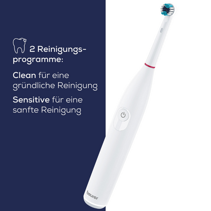 Εικόνα μιας λευκής Beurer TB 30 Ηλεκτρικής Οδοντόβουρτσας της Beurer GmbH με μικρή, στρογγυλή κεφαλή βούρτσας. Το κείμενο στην αριστερή πλευρά περιγράφει τις δύο λειτουργίες καθαρισμού «Καθαρισμός για ενδελεχή καθαρισμό» και «Ευαίσθητο για απαλό καθαρισμό» καθώς και σύμβολα δοντιών και προγραμμάτων. Ο εξοπλισμός περιλαμβάνει χρονοδιακόπτη 2 λεπτών και ταλαντευόμενη τεχνολογία.