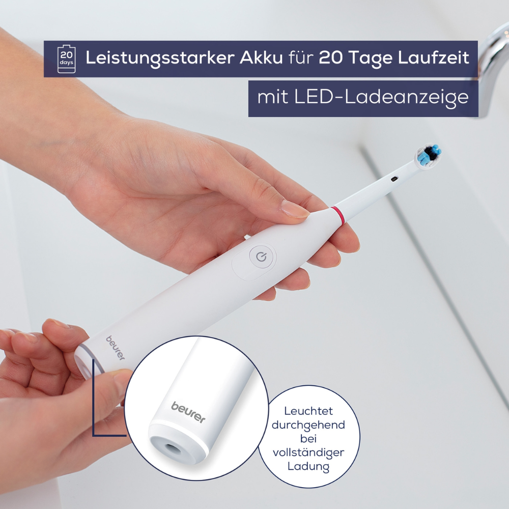 Ένα άτομο κρατά μια Beurer TB 30 Ηλεκτρική Οδοντόβουρτσα, συσκευασμένη ως 1 τεμάχιο. Το κείμενο στην εικόνα τονίζει ότι αυτή η οδοντόβουρτσα της Beurer GmbH έχει μια ισχυρή μπαταρία με διάρκεια 20 ημερών, διαθέτει ένδειξη φόρτισης LED και χρησιμοποιεί ταλαντευόμενη τεχνολογία. Μια κοντινή λήψη δείχνει ότι η ένδειξη φόρτισης ανάβει συνεχώς όταν είναι πλήρως φορτισμένη.