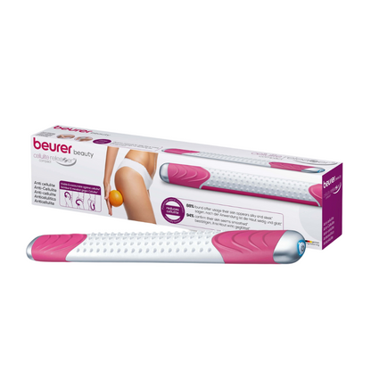 Εικόνα του Beurer cellulite releaZer® compact, συσκευής μασάζ κυτταρίτιδας σε ροζ και λευκό. Η συμπαγής συσκευή μασάζ κυτταρίτιδας της Beurer GmbH διαθέτει μια δομημένη επιφάνεια κυλίνδρων και παρέχεται σε συσκευασία με εικόνες που δείχνουν την εφαρμογή στο πίσω μέρος του μηρού μιας γυναίκας. Η συσκευασία περιλαμβάνει κείμενο και σύμβολα που τονίζουν τις λειτουργίες και τα οφέλη του προϊόντος, συμπεριλαμβανομένου του μασάζ με δόνηση.