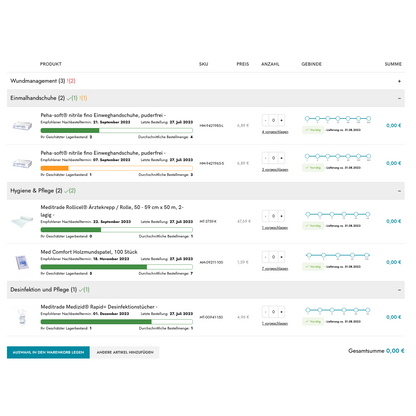 Screenshot eines Shopify B2B-Bestelltools von Altruan, das medizinischen Bedarf wie Wundversorgung, Handschuhe und Desinfektionsmittel mit Bildern, Mengen, kundenindividuellen Preisen und einem Gesamtbetrag von 0,00 € anzeigt.