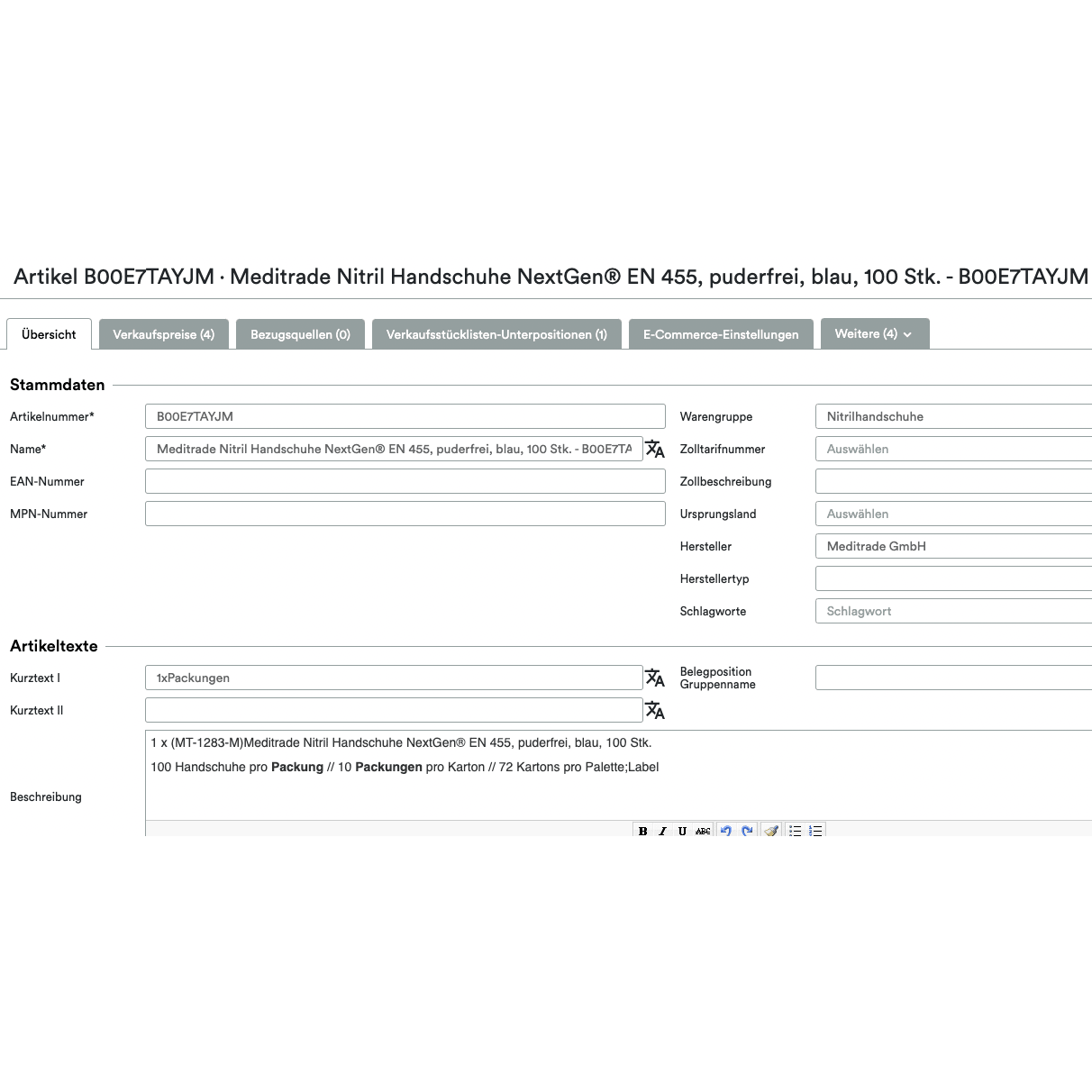 Στιγμιότυπο οθόνης μιας σελίδας UnitTable Sync: Weclapp Verpackungseinheiten und Stücklistengenerator για γάντια νιτριλίου Meditrade NextGen EN 455, όπου εμφανίζονται λεπτομέρειες όπως όνομα άρθρου, περιγραφή, μονάδες συσκευασίας και πληροφορίες προμηθευτή στο Altruan.