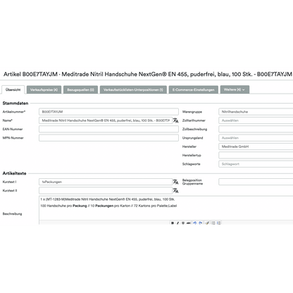 Στιγμιότυπο οθόνης μιας σελίδας UnitTable Sync: Weclapp Verpackungseinheiten und Stücklistengenerator για γάντια νιτριλίου Meditrade NextGen EN 455, όπου εμφανίζονται λεπτομέρειες όπως όνομα άρθρου, περιγραφή, μονάδες συσκευασίας και πληροφορίες προμηθευτή στο Altruan.