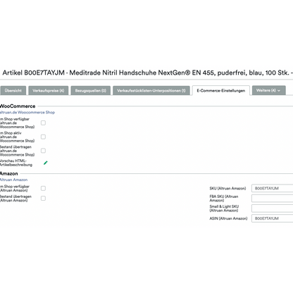 Στιγμιότυπο οθόνης μιας διεπαφής Altruan UnitTable Sync: Weclapp Verpackungseinheiten und Stücklistengenerator που δείχνει τις λεπτομέρειες καταχώρησης των γαντιών νιτριλίου Meditrade NextGen EN 455. Το μέγεθος και η ποσότητα αναφέρονται. Επίσης, είναι ορατές οι αγορές-Σ.