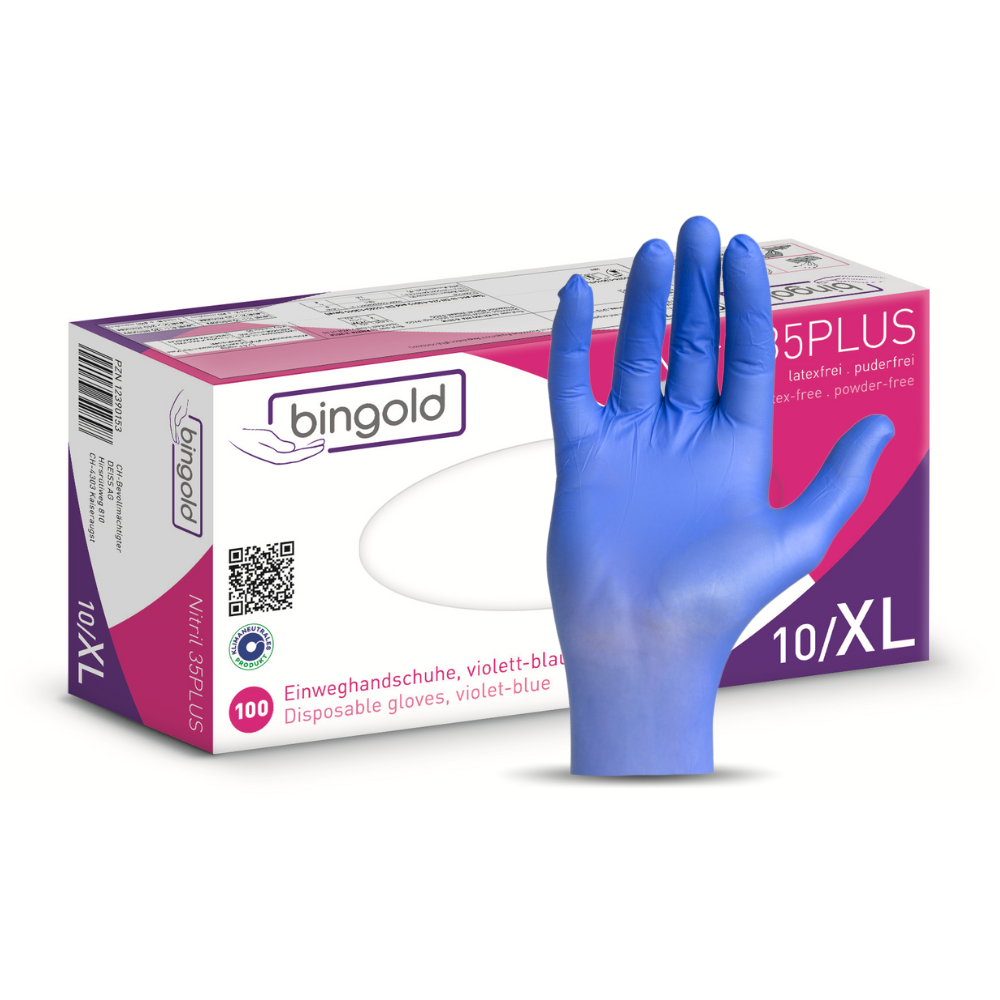 Eine Schachtel Bingold Nitril 35PLUS Handschuhe der BINGOLD GmbH + Co. KG in violettblau, Größe XL, mit einer behandschuhten Hand davor. Die Schachtel enthält 100 puder- und latexfreie Handschuhe, geeignet für Medizinprodukt Klasse I, PSA-Kategorie III.
