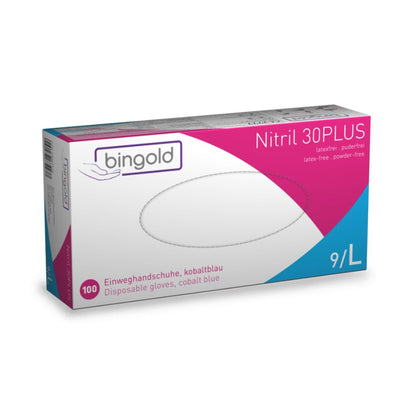 Τα γάντια μιας χρήσης Bingold Nitril 30PLUS, μέγεθος 9/L, της BINGOLD GmbH + Co. KG, είναι ιδανικά για τη βιομηχανία τροφίμων. Η λευκή συσκευασία με μωβ και μπλε πινελιές διαθέτει κείμενο στα Γερμανικά και Αγγλικά. Αυτά τα κοβαλτίζια γάντια είναι χωρίς λάτεξ και χωρίς πούδρα.