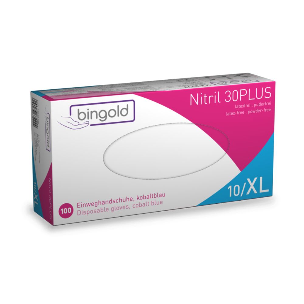 Τα γάντια μιας χρήσης Bingold Nitril 30PLUS της BINGOLD GmbH + Co. KG παραδίδονται σε κυρίως λευκό κουτί με ροζ πινελιές και περιέχουν 100 κοβαλτίζια, χωρίς λάτεξ, χωρίς πούδρα γάντια για τη βιομηχανία τροφίμων. Στην μπροστινή πλευρά είναι εμφανές το μέγεθος 10/XL.