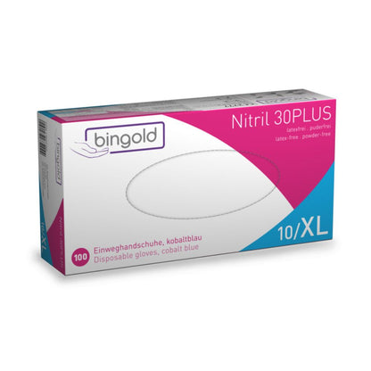 Τα γάντια μιας χρήσης Bingold Nitril 30PLUS της BINGOLD GmbH + Co. KG παραδίδονται σε κυρίως λευκό κουτί με ροζ πινελιές και περιέχουν 100 κοβαλτίζια, χωρίς λάτεξ, χωρίς πούδρα γάντια για τη βιομηχανία τροφίμων. Στην μπροστινή πλευρά είναι εμφανές το μέγεθος 10/XL.