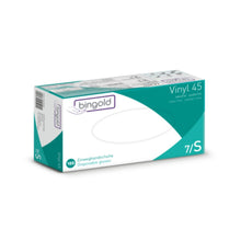 Bild einer überwiegend weißen Schachtel mit grünen Akzenten und der Aufschrift „Bingold Vinyl 45 Einweghandschuhe“. Die Schachtel von BINGOLD GmbH + Co. KG enthält 100 puderfreie Einweghandschuhe der Größe 7/S und ist als SCHUTZKLASSE CAT III gekennzeichnet.