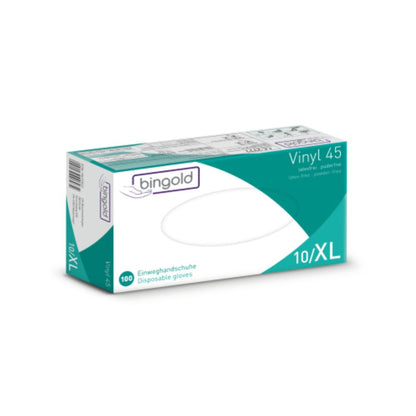 Τα γάντια μιας χρήσης Bingold Vinyl 45 της BINGOLD GmbH + Co. KG είναι διαθέσιμα στο μέγεθος 10/XL και συσκευάζονται σε ένα λευκό κουτί με πράσινες και μοβ πινελιές καθώς και αγγλικές και γερμανικές λεπτομέρειες προϊόντος. Το κουτί περιέχει 100 διαφανή, χωρίς λάτεξ, χωρίς πούδρα γάντια της κατηγορίας προστασίας CAT III.