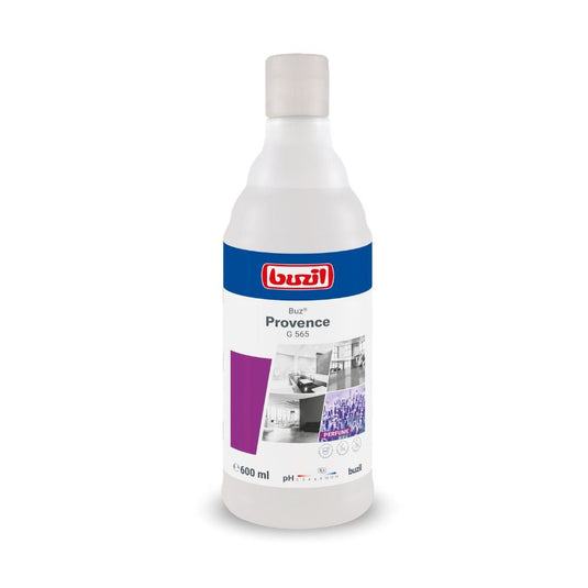 Ένα μπουκάλι 600 ml Buzil Air Provence G 565, έτοιμο προς χρήση σπρέι χώρου της εταιρείας BUZIL-WERK Wagner GmbH & Co. KG, με λευκό-μπλε ετικέτα που φέρει το λογότυπο της μάρκας, την ονομασία του προϊόντος και εικόνες καθαρών εσωτερικών χώρων.
