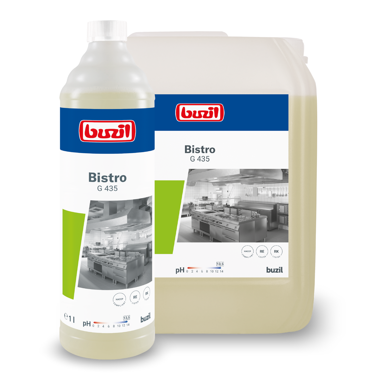 Απεικονίζονται δύο δοχεία με Buzil Bistro G 435 Εντατικό Καθαριστικό Κουζίνας & Αφαίρεσης Λίπους από την BUZIL-WERK Wagner GmbH & Co. KG. Το μεγαλύτερο είναι μια διαφανής κανάτα, το μικρότερο ένα καθαρό μπουκάλι. Και τα δύο είναι εφοδιασμένα με ετικέτες με εικόνα κουζίνας και λεπτομέρειες προϊόντος για υγιεινά καθαρές επιφάνειες. Ιδανικό ως ισχυρό καθαριστικό λίπους για αποτελέσματα χωρίς κηλίδες.