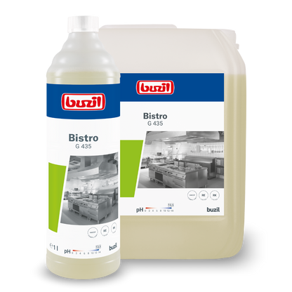 Απεικονίζονται δύο δοχεία με Buzil Bistro G 435 Εντατικό Καθαριστικό Κουζίνας & Αφαίρεσης Λίπους από την BUZIL-WERK Wagner GmbH & Co. KG. Το μεγαλύτερο είναι μια διαφανής κανάτα, το μικρότερο ένα καθαρό μπουκάλι. Και τα δύο είναι εφοδιασμένα με ετικέτες με εικόνα κουζίνας και λεπτομέρειες προϊόντος για υγιεινά καθαρές επιφάνειες. Ιδανικό ως ισχυρό καθαριστικό λίπους για αποτελέσματα χωρίς κηλίδες.