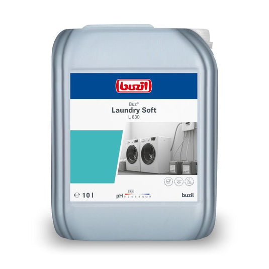 Ένα δοχείο 10 λίτρων σε γκρι με Buzil Buz® Laundry Soft L 830 από την BUZIL-WERK Wagner GmbH & Co. KG, ιδανικό για επαγγελματικά πλυντήρια. Στην ετικέτα απεικονίζονται πλυντήρια και σημαντικές λεπτομέρειες προϊόντος όπως η τιμή pH και τα σύμβολα μέτρησης για να εξασφαλιστεί η βέλτιστη φροντίδα των υφασμάτων.