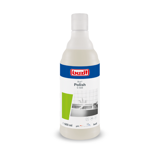 Ένα μπουκάλι 600 ml Buzil Buz® Polish G 508 Έτοιμο προς χρήση γαλάκτωμα καθαρισμού, σε όρθια θέση. Η ετικέτα δείχνει ένα μπλε-λευκό σχέδιο με πράσινες πινελιές και την εικόνα μιας επιφάνειας με πλακάκια, που τονίζει την αποτελεσματικότητα στον καθαρισμό επιφανειών. Το λογότυπο της μάρκας της BUZIL-WERK Wagner GmbH & Co. KG είναι τοποθετημένο εμφανώς στην κορυφή.