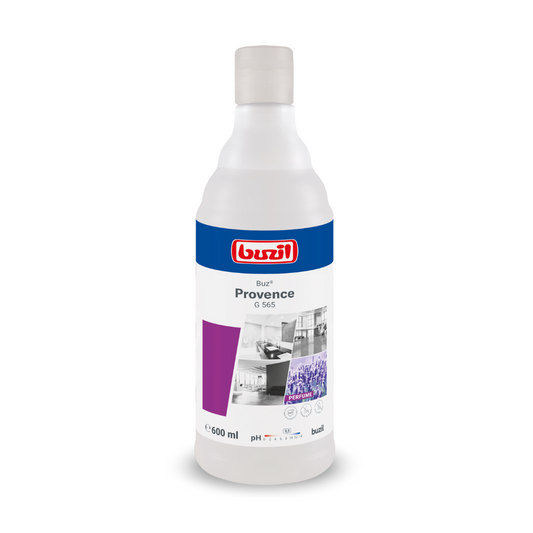 Eine 600-ml-Flasche Buzil Buz® Provence G 565 Gebrauchsfertiges Duftöl mit einem beruhigenden Lavendelduft und einem Aktiv-Geruchsblocker. Das Produktetikett zeigt das Markenlogo der BUZIL-WERK Wagner GmbH & Co. KG, den Produktnamen und Bilder, die seine Verwendung demonstrieren. Die Flasche ist mit einem weißen Verschluss und einem überwiegend weißen Etikett gestaltet, ergänzt durch violette Akzente.