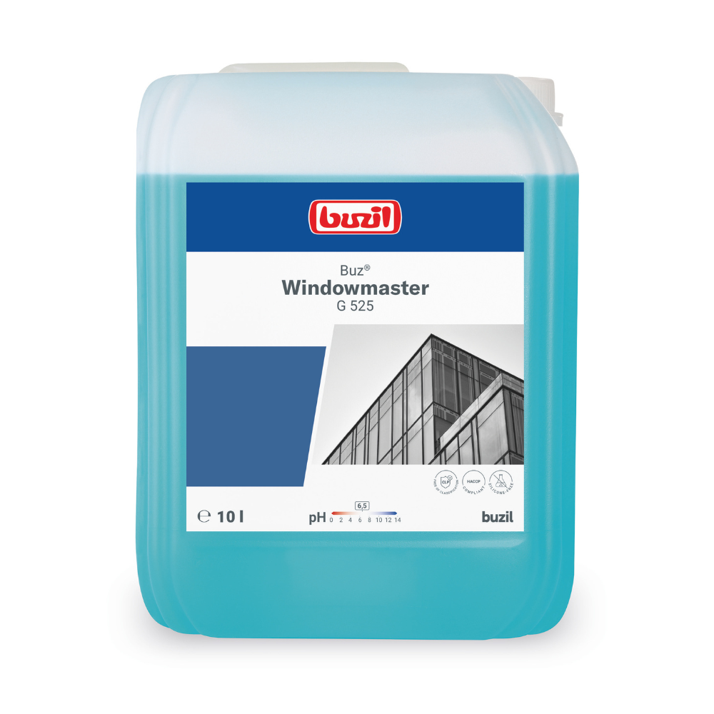 Auf einem blauen 10-Liter-Behälter mit Buzil Buz® Windowmaster G 525 Glas- und Fensterreiniger-Konzentrat der BUZIL-WERK Wagner GmbH & Co. KG ist ein Etikett mit der Abbildung eines Gebäudes mit Glasfenstern angebracht. Außerdem wird auf die schnelltrocknende Formel hingewiesen, wobei ein pH-Bereich von etwa 7 angegeben ist.