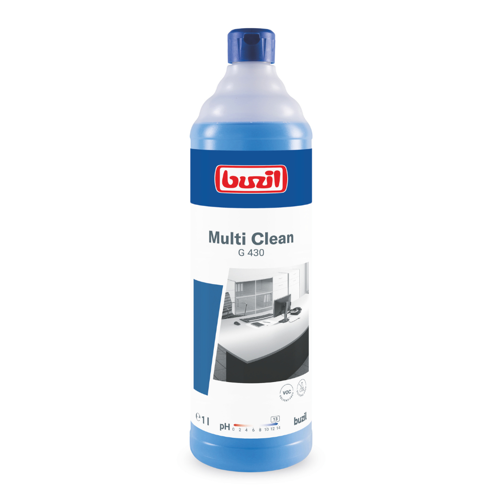 Ένα μπλε μπουκάλι Buzil Multi Clean G 430 Αλκαλικός Εντατικός Καθαριστικός Πολυχρηστικός καθαριστής εκτίθεται, με μια ετικέτα με κόκκινη μάρκα και μια ασπρόμαυρη εικόνα ενός άψογου χώρου. Αυτό το προϊόν της BUZIL-WERK Wagner GmbH & Co. KG είναι σχεδιασμένο ως εντατικός καθαριστής για να εξαλείφει αποτελεσματικά τις επίμονες ακαθαρσίες σε αλκαλι-ανθεκτικές επιφάνειες. Το μπουκάλι έρχεται με αντίστοιχο μπλε καπάκι.