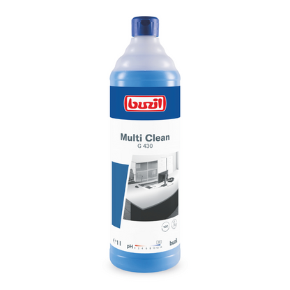 Ένα μπλε μπουκάλι Buzil Multi Clean G 430 Αλκαλικός Εντατικός Καθαριστικός Πολυχρηστικός καθαριστής εκτίθεται, με μια ετικέτα με κόκκινη μάρκα και μια ασπρόμαυρη εικόνα ενός άψογου χώρου. Αυτό το προϊόν της BUZIL-WERK Wagner GmbH & Co. KG είναι σχεδιασμένο ως εντατικός καθαριστής για να εξαλείφει αποτελεσματικά τις επίμονες ακαθαρσίες σε αλκαλι-ανθεκτικές επιφάνειες. Το μπουκάλι έρχεται με αντίστοιχο μπλε καπάκι.
