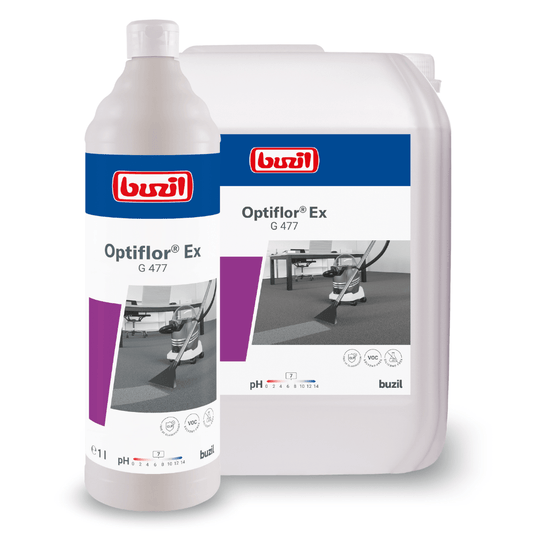 Η εικόνα δείχνει δύο δοχεία με το προϊόν Buzil Optiflor® Ex G 477, ένα βασικό καθαριστικό για χαλιά που προορίζεται για τον καθαρισμό χαλιών με τη μέθοδο ψεκασμού-εξαγωγής: ένα λευκό μπουκάλι και ένα μεγάλο δοχείο, και τα δύο με το λογότυπο της εταιρείας BUZIL-WERK Wagner GmbH & Co. KG.
