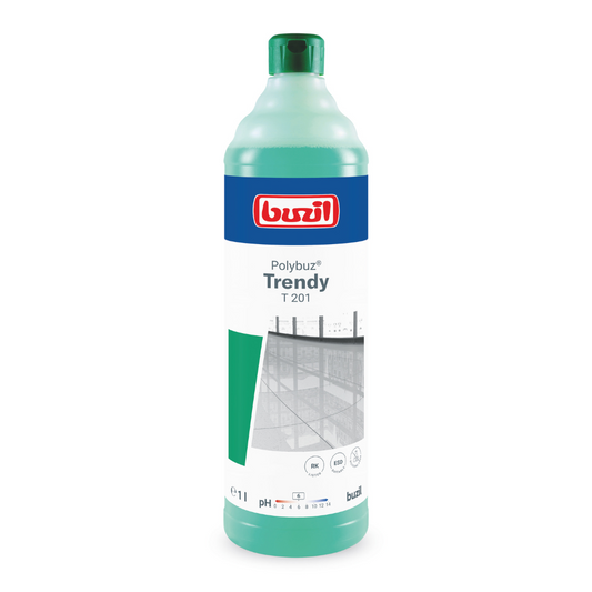 Das Bild zeigt eine grün-weiße 1-Liter-Flasche mit der Aufschrift „Buzil Polybuz® Trendy T 201 Glanzreiniger auf Alkoholbasis“. Das Etikett enthält oben ein blau-weißes Logo der BUZIL-WERK Wagner GmbH & Co. KG, begleitet von einem kleinen Regalbild sowie zusätzlichem Text und Symbolen.