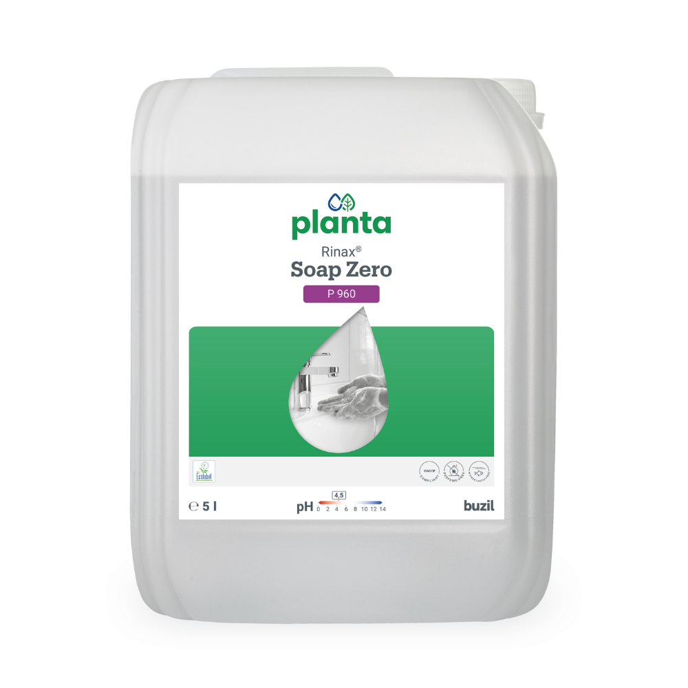 Εικόνα ενός δοχείου 5 λίτρων με την επιγραφή «Buzil Rinax® Soap Zero P 960 Οικολογική Λοσιόν Χεριών» από την BUZIL-WERK Wagner GmbH & Co. KG. Η ετικέτα δείχνει την τιμή pH και άλλες λεπτομέρειες και παρουσιάζει μια εικόνα κουζίνας σε αποχρώσεις του γκρι μέσα σε μια πράσινη γραφική σταγόνα νερού, για να υπογραμμίσει τη δέσμευση της εταιρείας για βιώσιμες πρακτικές καθαρισμού.