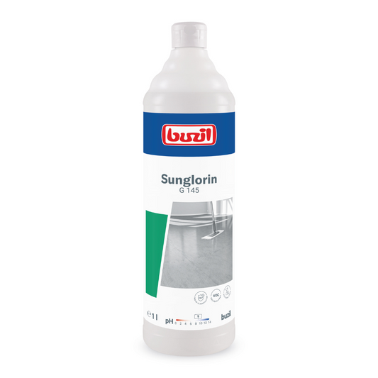 Der Buzil Sunglorin G 145 Selbstglanzemulsion Bodenreiniger von BUZIL-WERK Wagner GmbH & Co. KG wird in einer weißen Flasche geliefert und ist für die Reinigung mit Schwerpunkt auf seinen pH-Eigenschaften konzipiert. Das Etikett zeigt Bilder makelloser Böden und Symbole, die seine Wirksamkeit als Bodenreiniger für wasserbeständige Beläge betonen und sowohl für den Einsatz in häuslichen als auch industriellen Umgebungen geeignet sind.