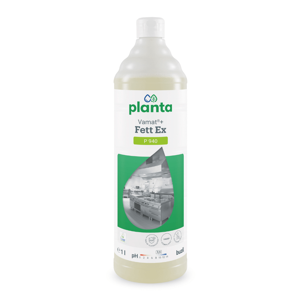 Παρουσιάζεται ένα μπουκάλι 1 λίτρου Buzil Vamat®+ Fett Ex P 940, ένα αποτελεσματικό καθαριστικό λίπους της BUZIL-WERK Wagner GmbH & Co. KG. Στην ετικέτα φαίνονται ένα πράσινο λογότυπο, το όνομα του προϊόντος και μια εικόνα μιας αστραφτερής καθαρής μεγάλης κουζίνας. Αυτό το φιλικό προς το περιβάλλον καθαριστικό κουζίνας είναι συσκευασμένο σε ένα λευκό μπουκάλι με βιδωτό καπάκι.