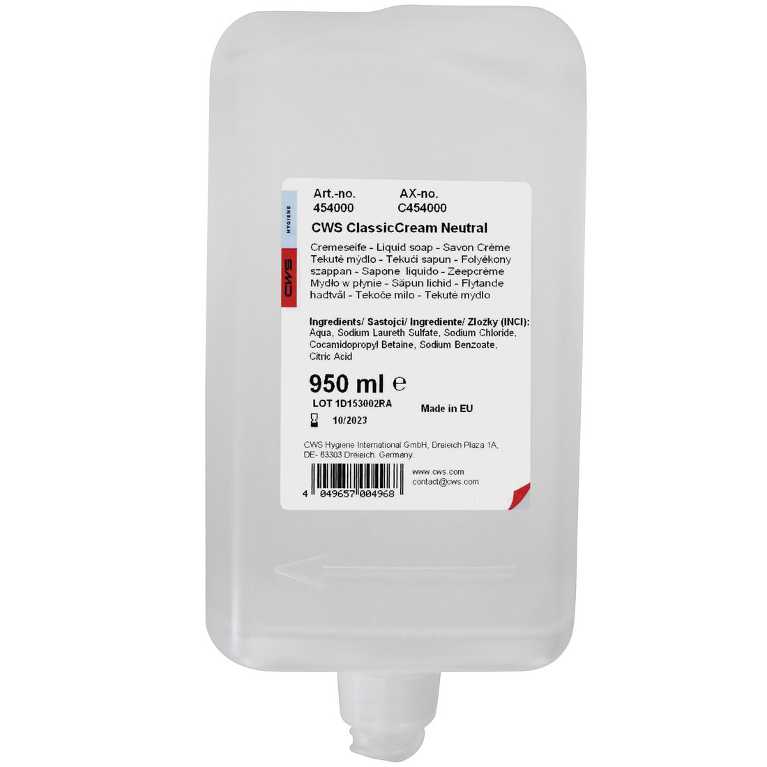 Η κρέμα σαπουνιού CWS 950 ml από την CWS είναι μια σακούλα αναπλήρωσης με στόμιο στο κάτω μέρος. Η ετικέτα στο μπροστινό μέρος παρέχει πληροφορίες προϊόντος, οδηγίες και συστατικά σε διάφορες γλώσσες για μια ευχάριστη αίσθηση στο δέρμα.