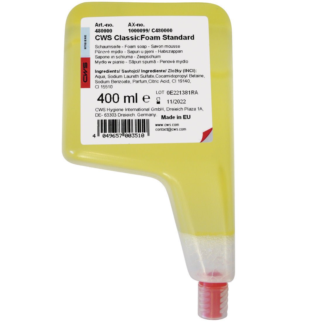 Ένα κίτρινο δοχείο αναπλήρωσης 400 ml CWS αφρού σαπουνιού συμπυκνωμένου αφρού Standard με κόκκινο καπάκι και λευκή ετικέτα, στην οποία αναφέρονται λεπτομέρειες προϊόντος, συστατικά, γραμμωτός κώδικας και πληροφορίες κατασκευαστή. Δερματολογικά ελεγμένο ως συμβατό με το δέρμα. Μάρκα: CWS.