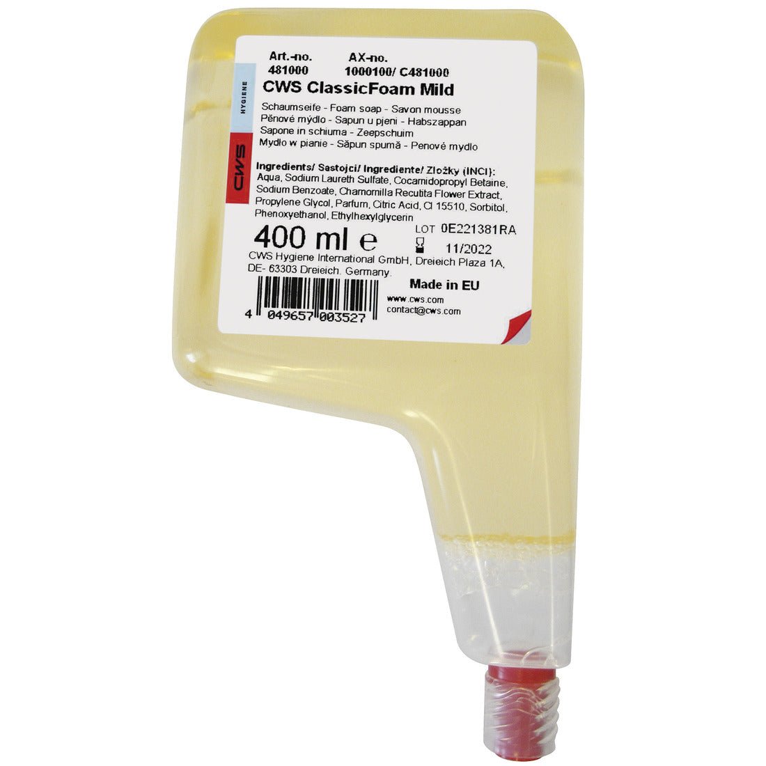 Ένα δοχείο αναπλήρωσης 400 ml από διαφανές πλαστικό για CWS αφρού σαπουνιού συμπυκνωμένου αφρού Standard με κόκκινο κλείστρο στο κάτω μέρος. Η πολυγλωσσική ετικέτα παρέχει πληροφορίες σχετικά με τα συστατικά και τις πληροφορίες προϊόντος. Μάρκα: CWS.