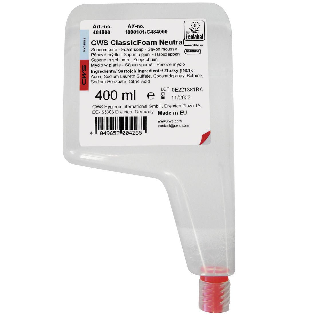 Ένα μπουκάλι 400 ml CWS αφρού σαπουνιού συμπυκνωμένου αφρού Standard έχει λευκή ετικέτα με πληροφορίες προϊόντος, γραμμωτό κώδικα και ένα κόκκινο καπάκι στο κάτω μέρος. Στην ετικέτα αναφέρονται τα συστατικά, ο κατασκευαστής (CWS) και η ημερομηνία λήξης.