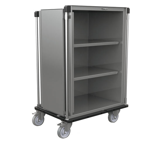 Der Novocal Sterilgut-Transportwagen verfügt über einen Korpus aus satiniertem Edelstahl, zwei Einlegeböden, vier Lenkrollen und eine offene Vorderseite für leichten Zugang. Der Hygienewagen ist weitgehend geschlossen und ideal für den Transport von Sterilgut.