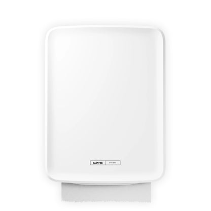 Ένας λευκός, επιτοίχιος διανομέας CWS PureLine Paperroll NT Hybrid με ένα ορατό φύλλο χαρτοπετσέτας να κρέμεται από κάτω. Στην μπροστινή πλευρά υπάρχει μια μικρή ετικέτα "CWS" και πληροφορίες προϊόντος. Πωλείται σε συσκευασία με 1 τεμάχιο.