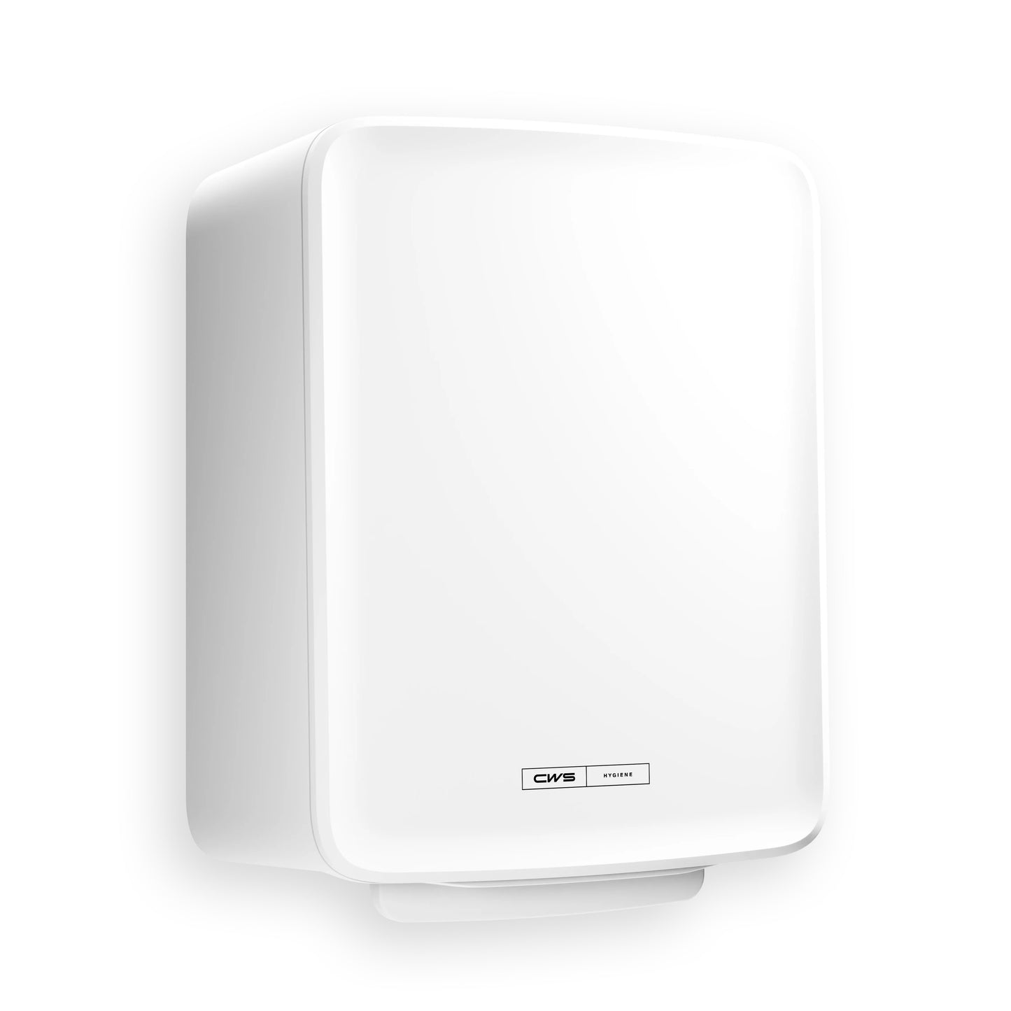 Το CWS PureLine Paperroll NT Hybrid είναι ένας λευκός, ορθογώνιος, επιτοίχιος στεγνωτήρας χεριών με στρογγυλεμένες άκρες και μια μικρή ετικέτα CWS με το λογότυπο στο κάτω κέντρο.