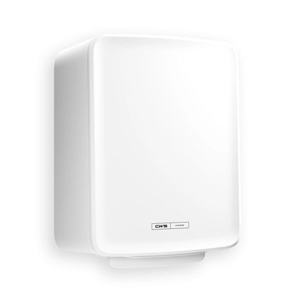 Το CWS PureLine Paperroll NT Hybrid είναι ένας λευκός, ορθογώνιος, επιτοίχιος στεγνωτήρας χεριών με στρογγυλεμένες άκρες και μια μικρή ετικέτα CWS με το λογότυπο στο κάτω κέντρο.