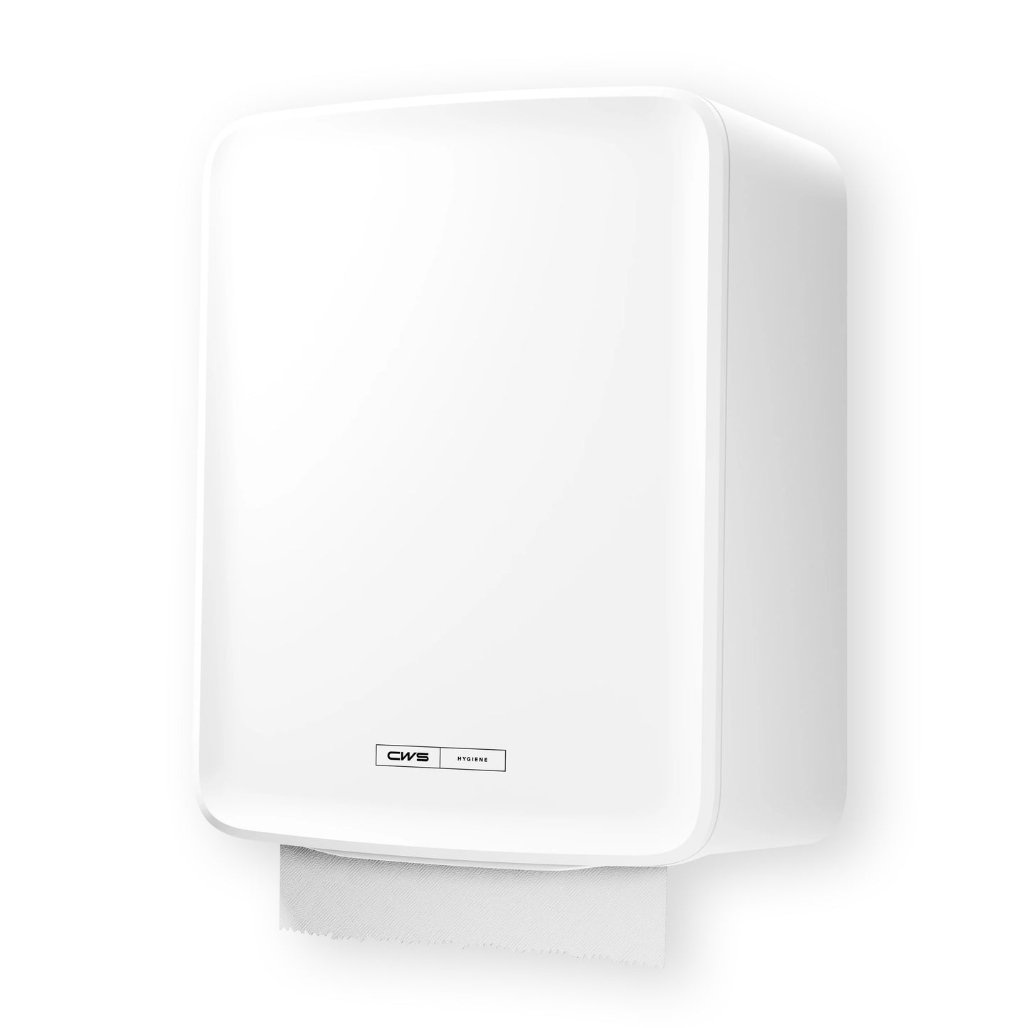 Ένας λευκός, επιτοίχιος διανομέας CWS PureLine Paperroll NT Hybrid από την CWS, με ένα μερικώς ορατό χαρτοπετσέτα στο κάτω μέρος και μια μικρή ορθογώνια ετικέτα στην μπροστινή πλευρά.