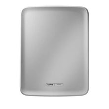 Ένα ορθογώνιο, ασημί μπροστινό πάνελ CWS PureLine για τον διανομέα Paperroll NT Hybrid από ανθεκτικό μέταλλο με ελαφρώς υπερυψωμένες άκρες και μικρό λογότυπο στη μία πλευρά, φωτογραφημένο μπροστά σε λευκό φόντο.