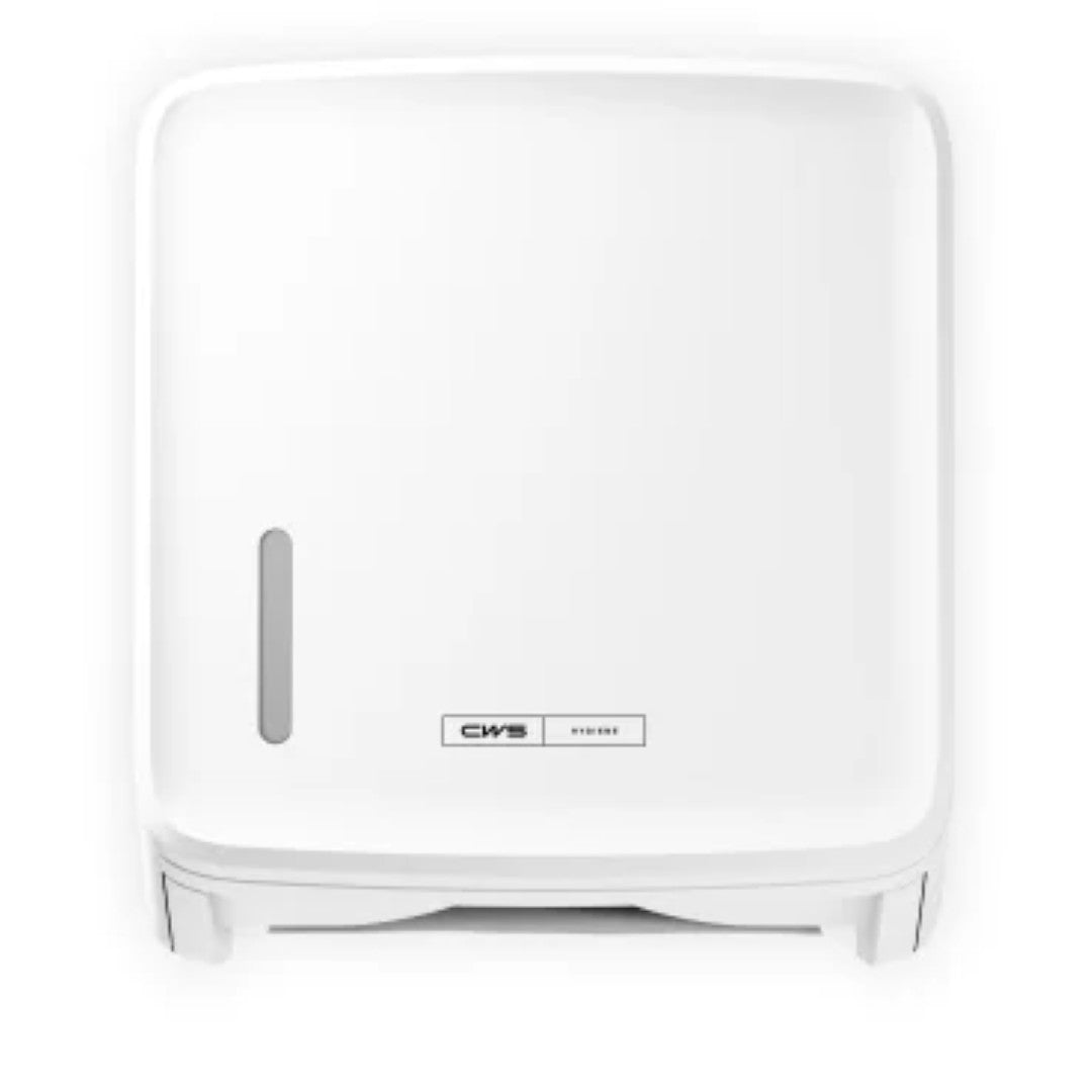 Η χάρτινη θήκη CWS PureLine Paper Faltpapierspender (1 κομμάτι) από την CWS είναι ένας λευκός, τοίχου τοποθετημένος διανομέας με ορθογώνιο σχεδιασμό, μικρό κατακόρυφο παράθυρο στην αριστερή πλευρά και το λογότυπο CWS στο μπροστινό μέρος για υγιεινή αποθήκευση χαρτιού.