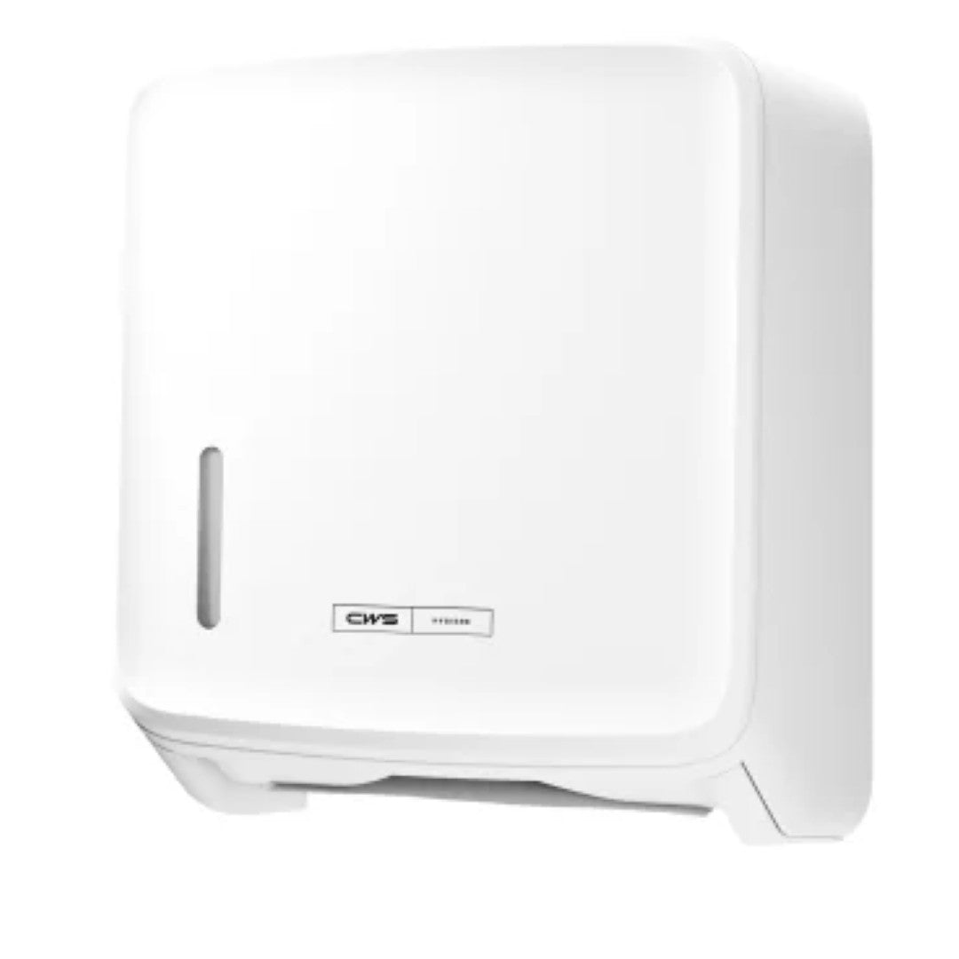 Η χάρτινη θήκη CWS PureLine Paper Faltpapierspender | Συσκευασία (1 κομμάτι) από την CWS είναι ένας λευκός, τοίχου τοποθετημένος διανομέας με μπροστινό παράθυρο και σχισμή στη βάση, που εξασφαλίζει υγιεινή αποθήκευση και μοντέρνα εμφάνιση.