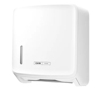 Η χάρτινη θήκη CWS PureLine Paper Faltpapierspender | Συσκευασία (1 κομμάτι) από την CWS είναι ένας λευκός, τοίχου τοποθετημένος διανομέας με μπροστινό παράθυρο και σχισμή στη βάση, που εξασφαλίζει υγιεινή αποθήκευση και μοντέρνα εμφάνιση.